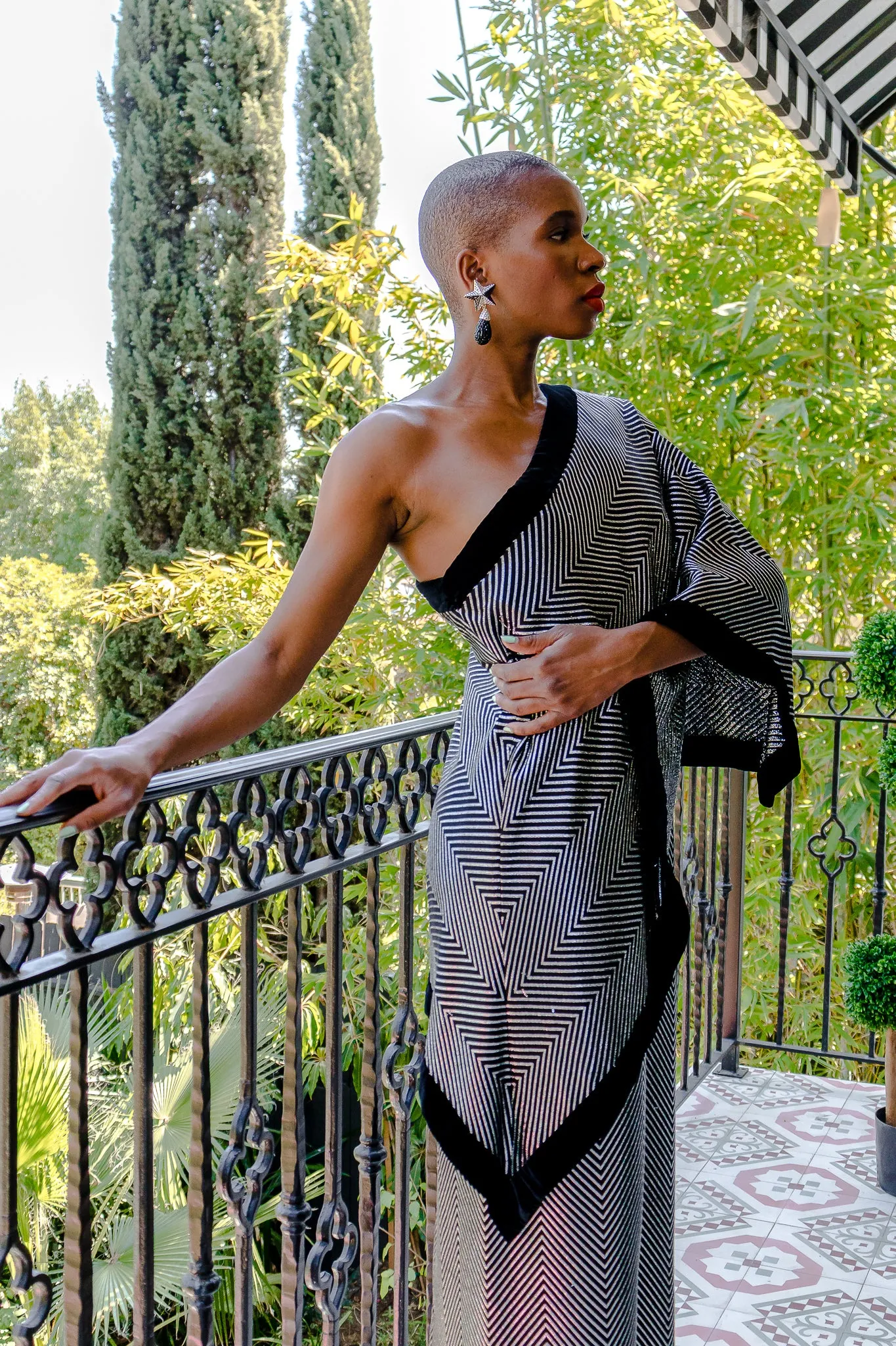 Asymmetric Silver Stripe Shawl Dress