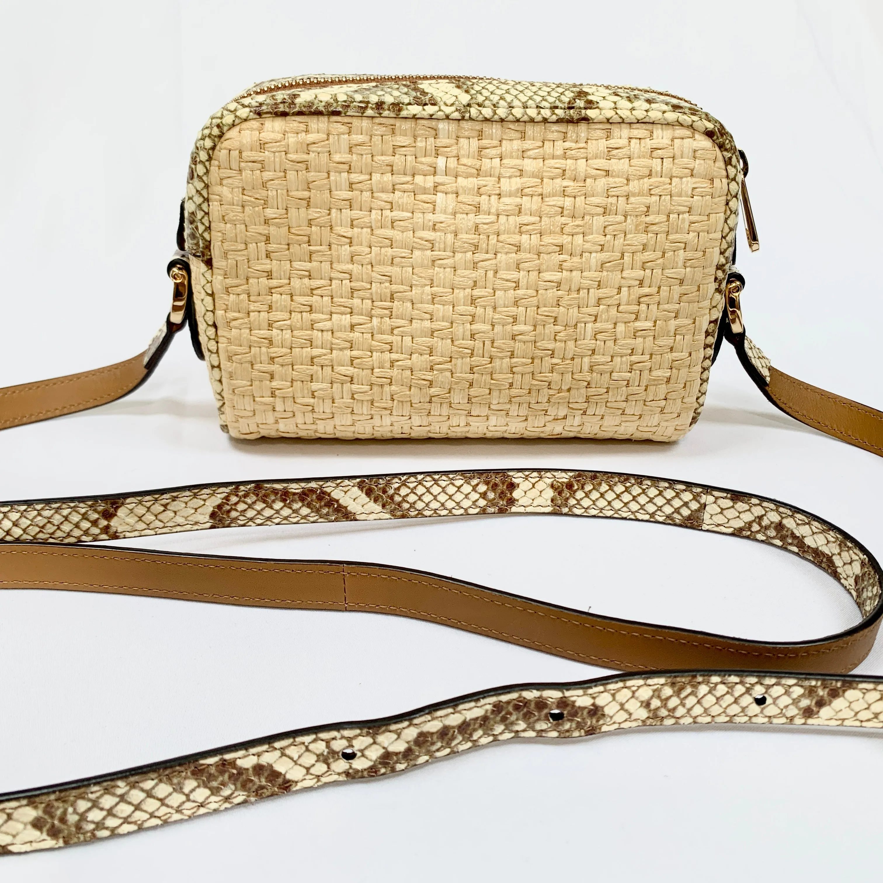 Gucci Mini GG Ophidia Straw Shoulder Bag with Printed Trim in Beige and Green