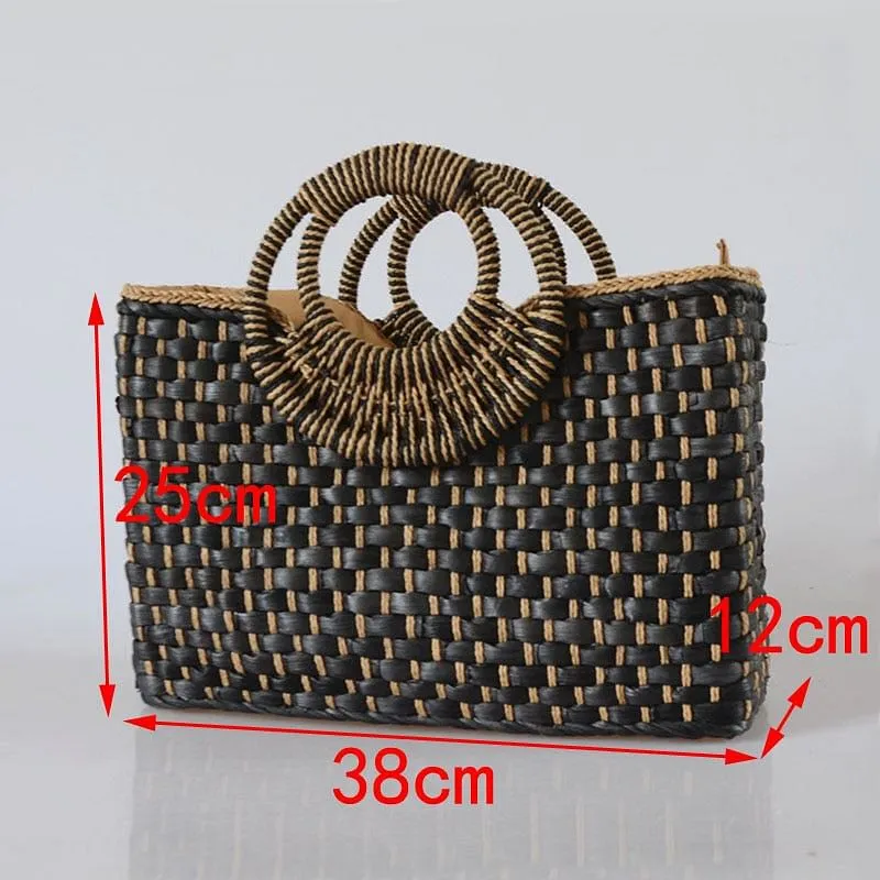 Hand basket shopping bag Black color Bali Island Hand Woven, Butterfly buckle Straw Bags