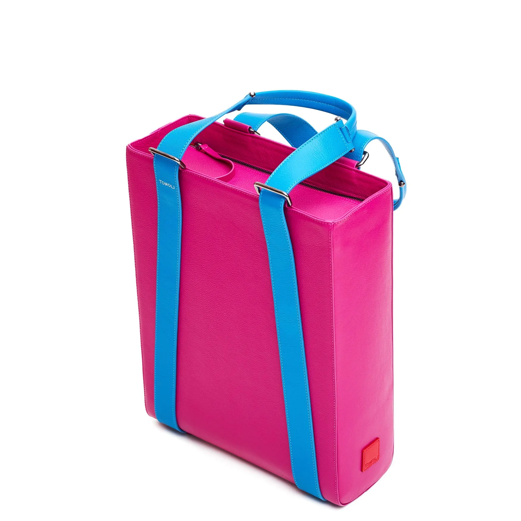 kora large convertible leather tote - sky fuchsia