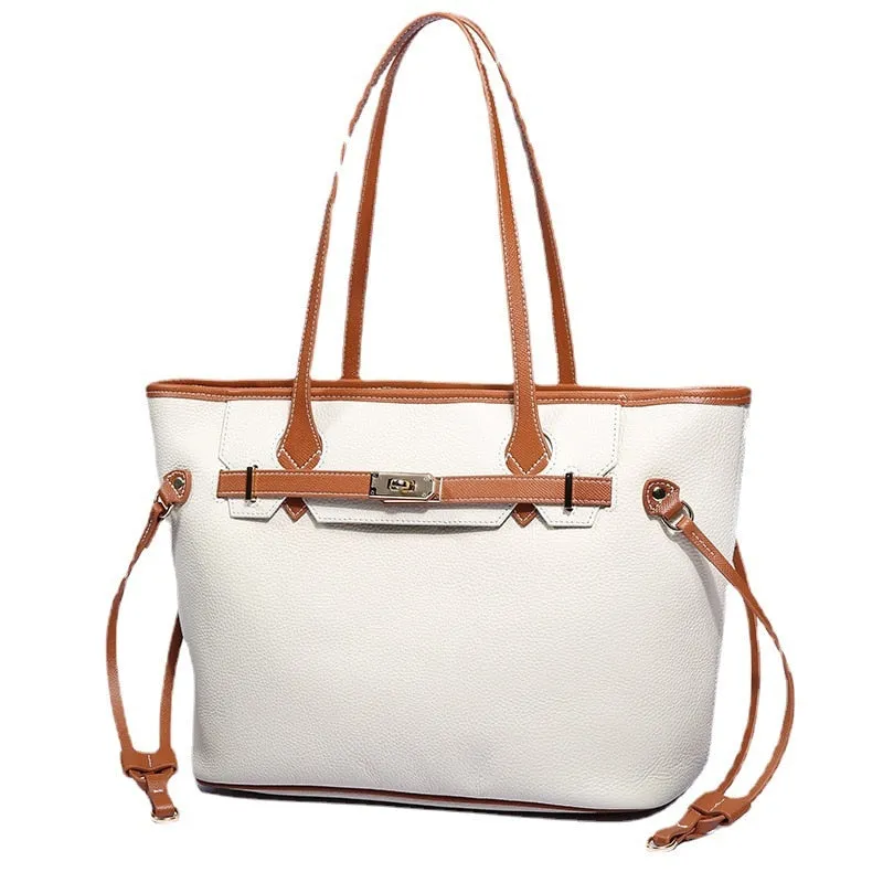 Leather women&#39;s bag 2023 new fashion single shoulder baothead layer cowhide large capacity Tote bag