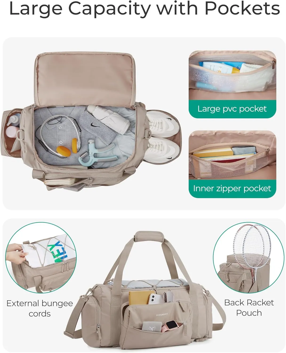 Stylish 4-in-1 TSA-Approved Shoe - Wet Lightweight & Weekender Pocket, 30L Eco-friendly technology with Duffle Water-Resistant Versatile in Bag Gym Backpack Compartment Women's Ultimate Camel