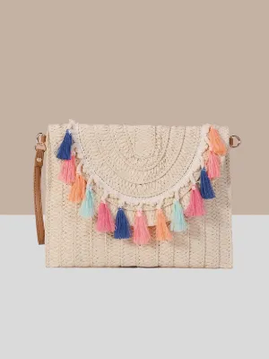 Vintage off-white Wicker Clutch Bag with Colorful Fringes