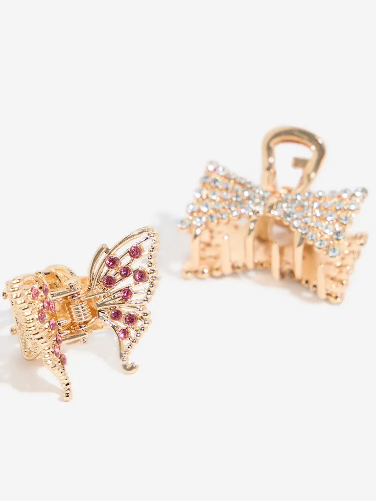 Westside Accessories Gold Diamante Embellished Butterfly Hair Clips - Pack of 2