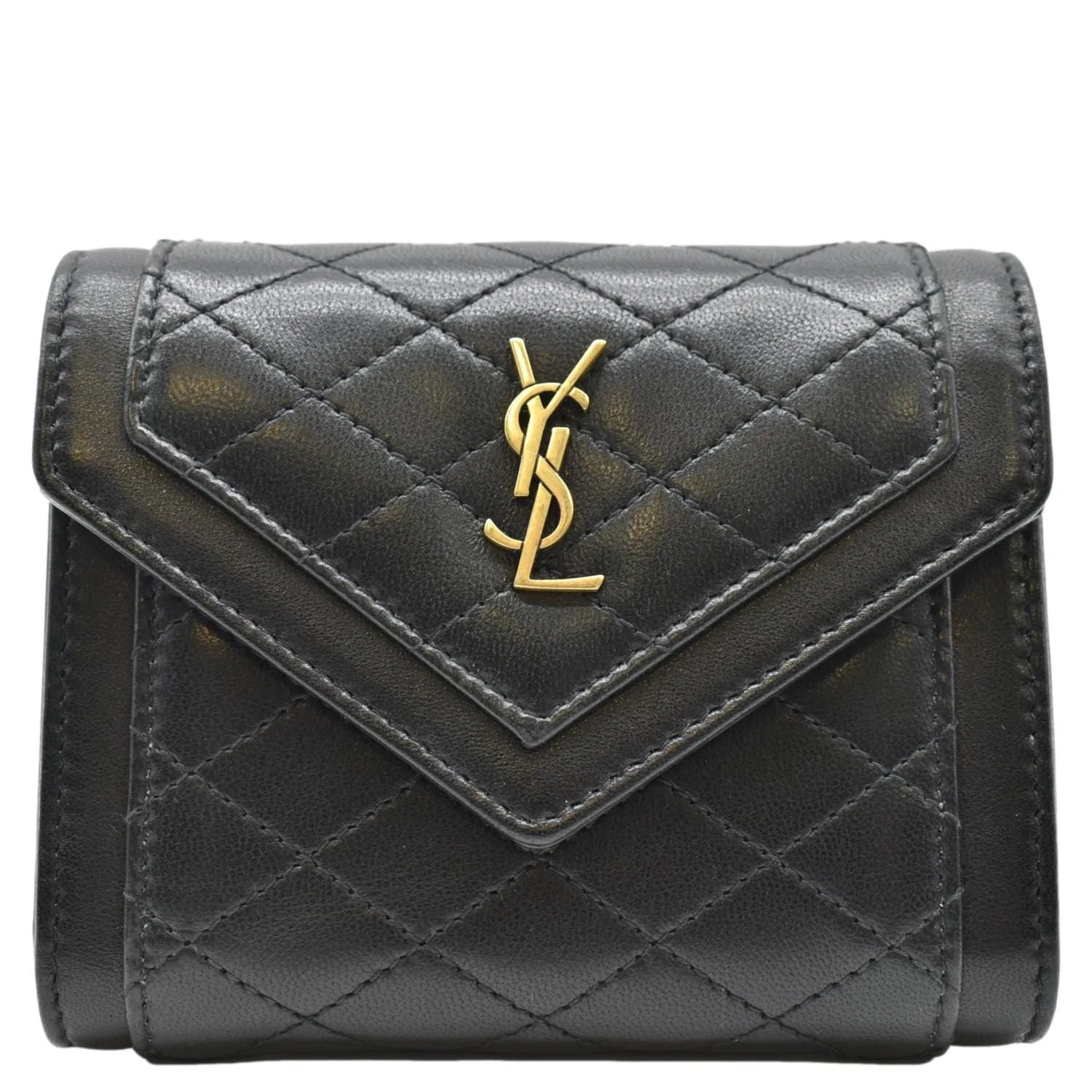YVES SAINT LAURENT Gaby Compact Tri Fold Small Quilted Leather Wallet Black